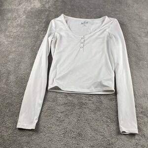 Hollister Cropped‎ Henley Scoop Neck Top Womens Medium White Long Sleeve